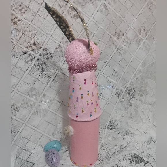Pastel pink glam easter bunny 17" embellished nesting container OOAK paper mache - Picture 5 of 5